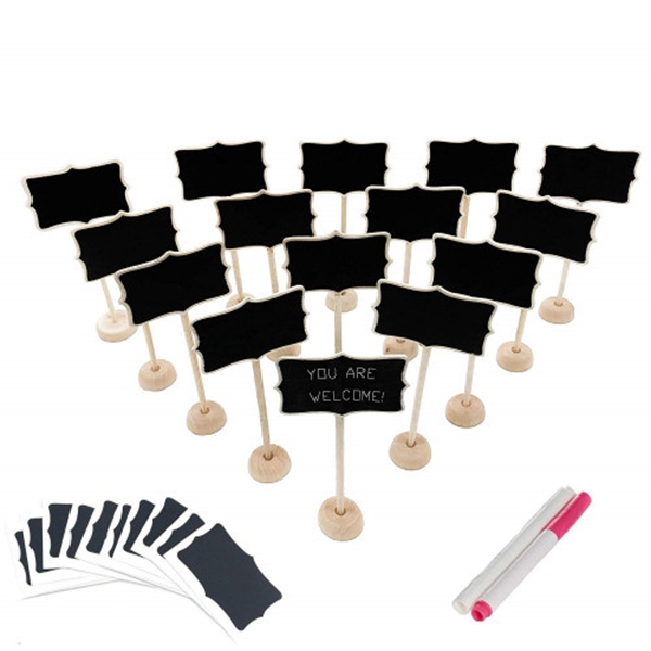  racdde 15 Pack Wood Mini Chalkboard Signs (Water-Based Chalk and Replacement Stickers Are Included) Small Rectangle Chalkboards Blackboard for Weddings, Message Board Signs and Special Event Decorations