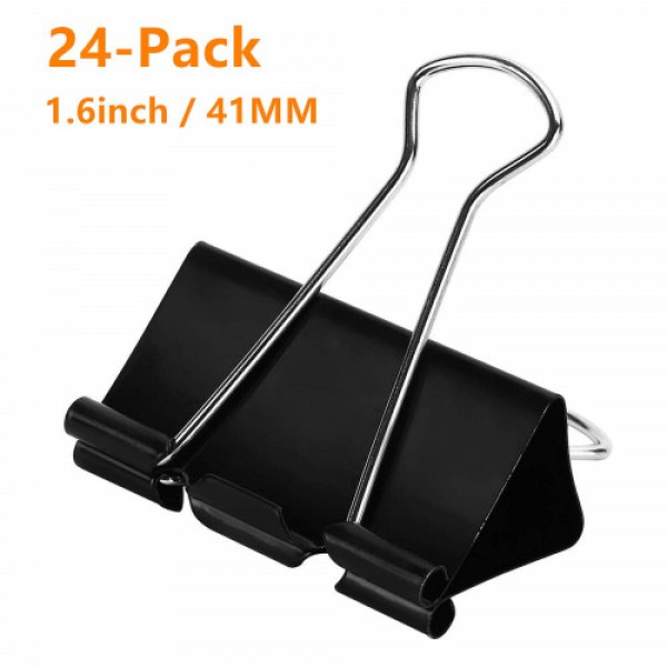 racdde Large Binder Clips 1.6Inch (24 Pack), Big Paper Clamps Clips for Office Supplies, 1.6Inch/41mm Width, 0.7Inch/18mm Capacity, Black
