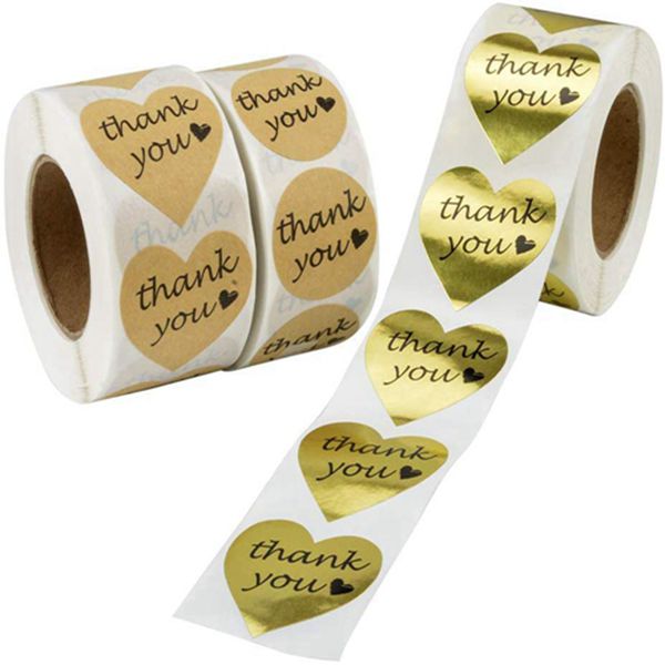 Racdde Thank You Stickers, 1000pcs Kraft Paper Thank You Adhesive Labels + 500pcs Gold Foil Decorative Sealing Sticker Labels, Heart and Round Shape, 3 Patterns 