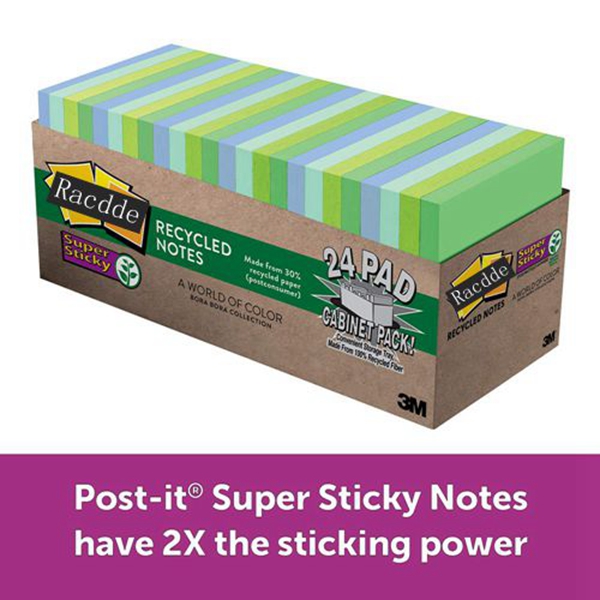Racdde Super Sticky Recycled Notes, Cool Hues, 2X the Sticking Power, Call out Important Information, Large Pack, 67% Plant-Based Adhesive by Weight, 3 in. x 3 in, 24 Pads/Pack, (654-24SST-CP)
