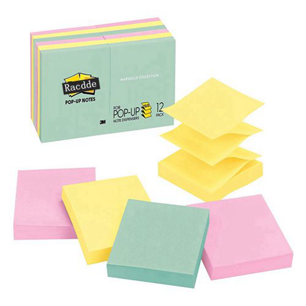 Racdde  Pop-up Notes, Green, Pink, Canary Yellow, Blues, Designed for Pop-up Note Dispensers, Great for Reminders, 3 in. x 3 in, 12 Pads/Pack, 100 Sheets/Pad (R330-12AP) 