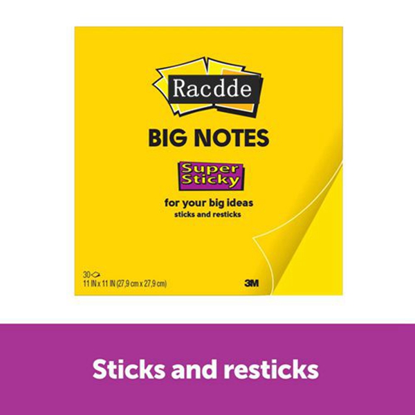 Racdde Super Sticky Big Notes, 11 x 11 Inches, 30 Sheets/Pad, 1 Pad (BN11), Large Bright Yellow Paper, Super Sticking Power, Sticks and Resticks  