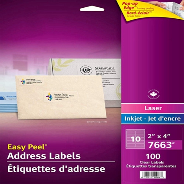 Racdde  Shipping Labels with Easy Peel for Laser and Inkjet Printers, 2" x 4", Glossy Clear, Rectangle, 100 Labels, Permanent (7663) Made in Canada for The Canadian Market 