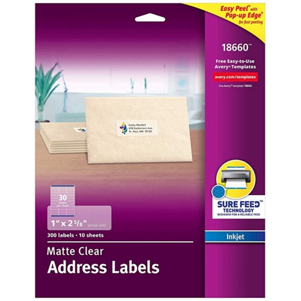 Racdde Easy Peel Mailing Labels for Ink Jet Printers, 1 x 2-5/8 Inches, Clear, Pack of 300 Labels (18660)