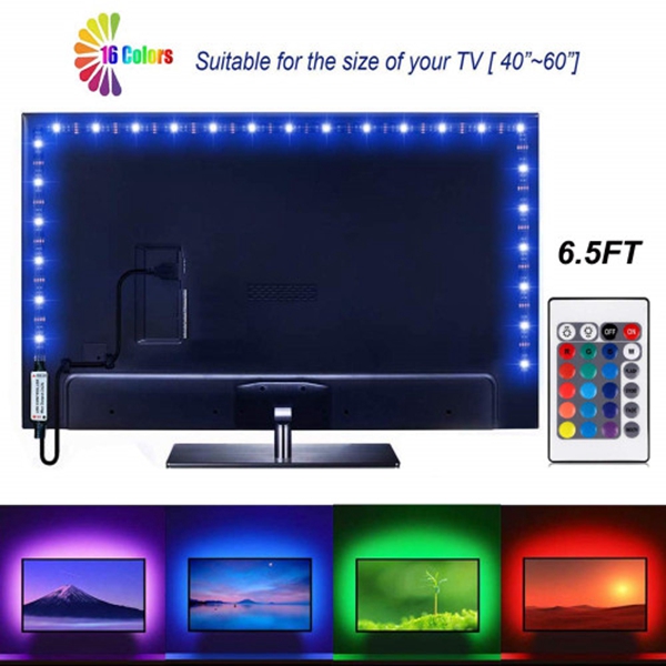 Racdde Led Strip Lights 6.56ft for 40-60in TV USB Backlight Kit with Remote, 16 Color 5050 Bias HDTV （24Key Remote）