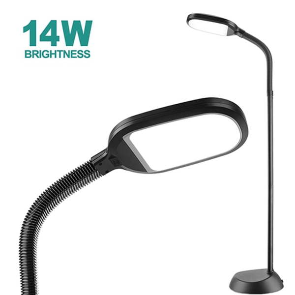14W Racdde LED Floor Lamp with: Reading Light Craft Lights 2 Brightness Level Dimmable Head Natural Daylight Standing Pole Light with Gooseneck for Sewing Bedroom Office Artist (Black) -Floor Lamps 