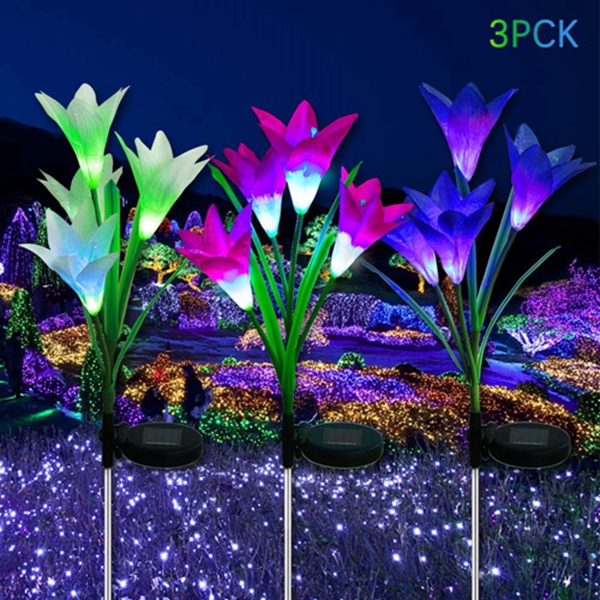 Racdde LED Solar Garden Flower Lights Outdoor - 3 Pack with 12 Lily Flowers, Solar Flower Lights, Multi-Color Changing LED Solar Decorative Lights Garden, Patio, Backyard 