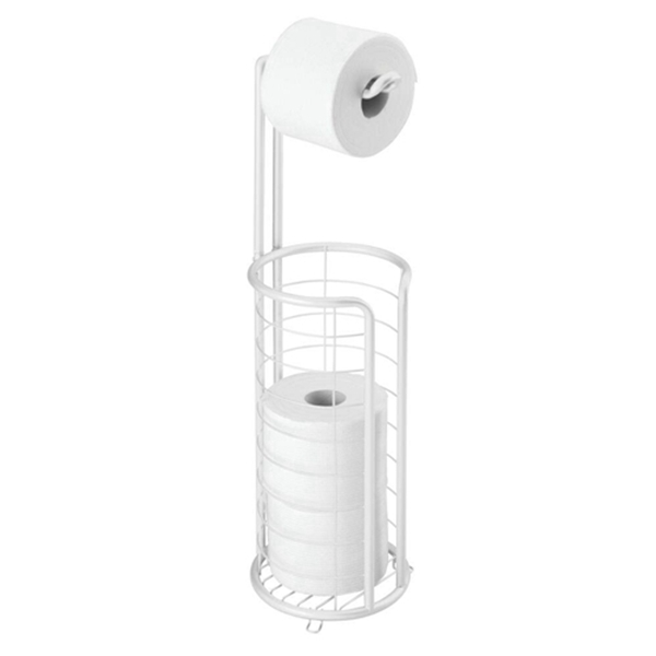 Racdde Modern Metal Freestanding Toilet Paper Roll Holder Stand and Dispenser with Storage for 3 Rolls of Reserve Toilet Tissue - for Bathroom Storage Organizing - Holds Mega Rolls - White 