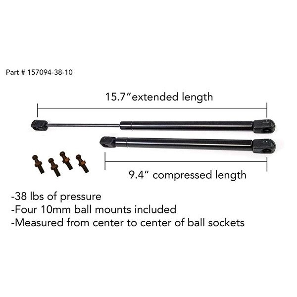 2 Racdde16" Gas Props (15.7" extended, 9.4" compressed, 38 pounds of pressure ea) for ARE, ATC, Snugtop, Leer Camper Shell/Truck Cap Rear Door. MEASUREMENT REQUIRED! Incl 4 ball mounts! 