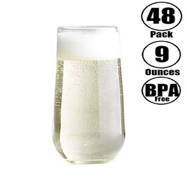 Racdde 48 piece Stemless Unbreakable Crystal Clear Plastic Wine Glasses Set of 48 (9 Ounces) 