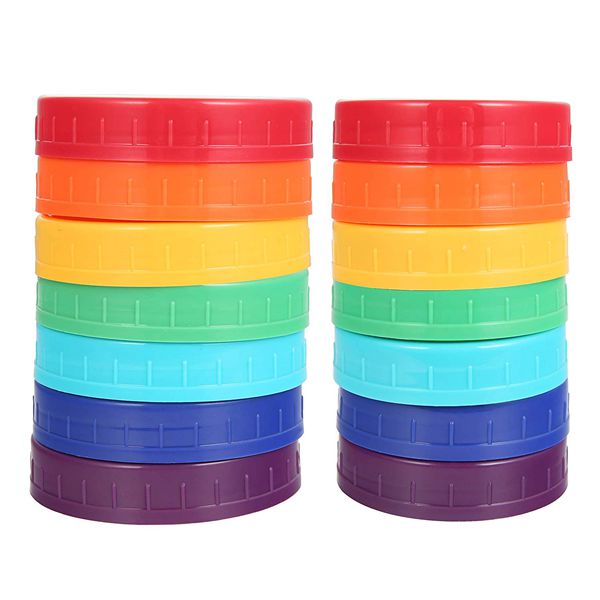 Racdde 14Pcs Colored Plastic Mason Jar Lids Canning Jar Lids 7 Regular Mouth Lids & 7 Wide Mouth Plastic Storage Caps for Mason Jars, 7 Colors