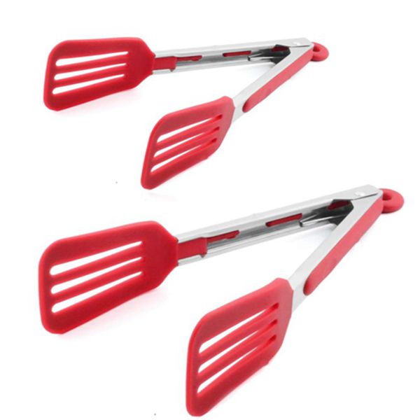 Racdde Kitchen Tongs 9 inch and 12 inch Fish Tongs Stainless Steel Cooking Silicone Buffet Serving Tongs Heat Resistant Meat Turner Spatula Tongs with Locking Handle Joint, Red 