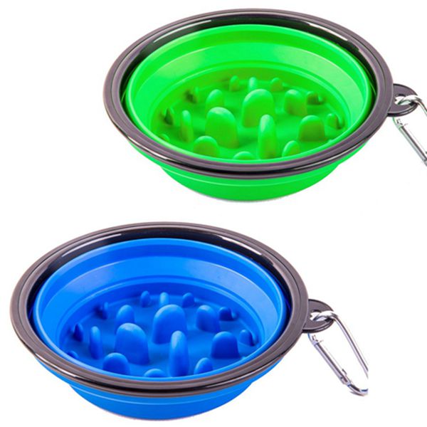 Racdde 2 Pack Collapsible Dog Bowl, Slow Feed Dog Bowl, Foldable Pet Travel Bowl, Portable Slow Feeder Cat Bowl, for Outdoor Camping Pet Food Water Feeding Large Size Green and Blue 