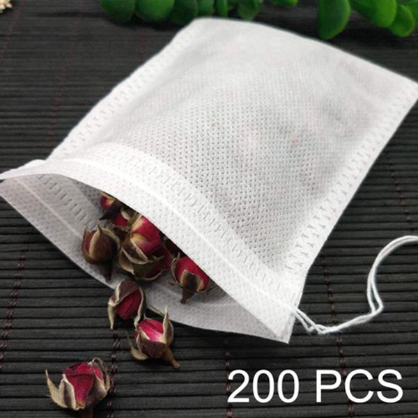 Racdde Tea Filter Bags 200-Pack 2.75 x 3.54 inch Disposable Tea Infuser Natural Non-woven Fabric Material Drawstring Tea Bag Empty for Loose Tea