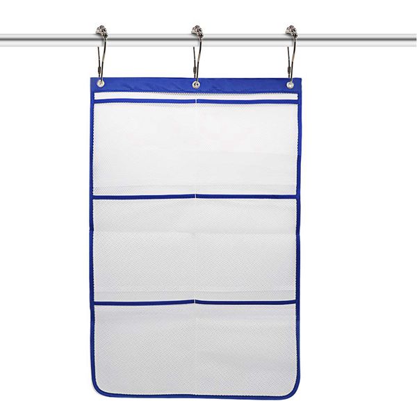 Racdde 6 Pockets Mesh Shower Caddy Bathroom Hanging Mesh Bath Organizer Shower Curtains Rod Hanging Caddies with 3 Hanging Rings and 3 Hooks for Selection, Space Saving, 17 x 26 Inch, Blue