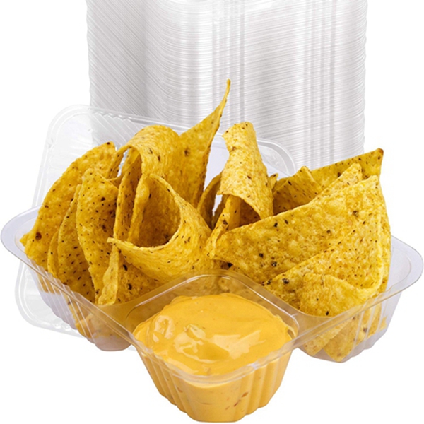 Racdde Anti-Spill Plastic Nacho Tray 100 Pack . Disposable 2 Compartment Holder For Chips and Cheese Sauce Or Other Dips. For Carnivals, School Fairs, Church Festivals, Kids Parties and More