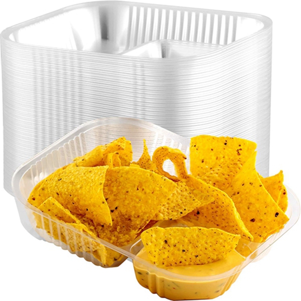 Racdde Anti-Spill Plastic Nacho Trays 125 Pack. Disposable 2 Compartment Boats Great for Dips, Snacks and Fair Foods. Large 6x8 Inch Portable Chip Holders for School Carnivals, Parties and Concession Stands 