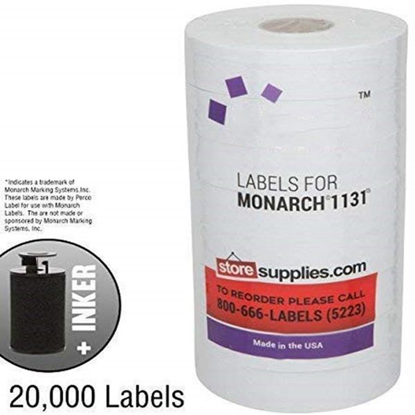 Racdde White Pricing Labels for Monarch 1131 Price Gun - 1 Sleeve, 20,000 Blank Marking Labels - with Ink Roll Included 