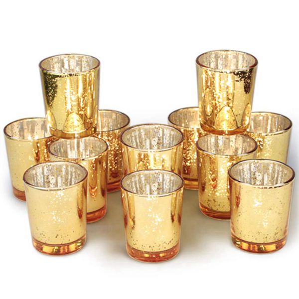 Racdde Gold Votive Candle Holders Bulk, Mercury Glass Tealight Candle Holder Set of 12 for Wedding Decor and Home Decor 