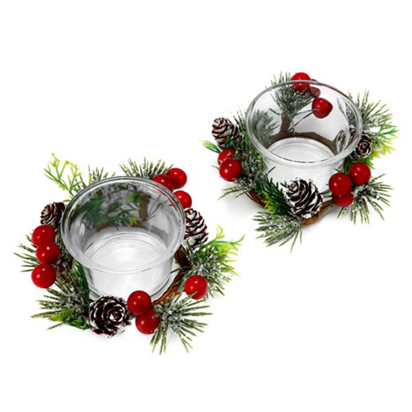 Racdde Christmas Votive Candle Holders with Snowy Pinecone Berry Candle Ring, Decorative Glass Tealight Candle Holder Set of 2 for Home, Wedding, Living Room and Bedroom Decor(Exclude Candles) 