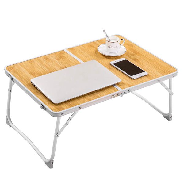 Racdde Foldable Laptop Table Lapdesk, Breakfast Bed, Portable Mini Picnic Desk,Notebook Stand Read Holder for Couch Floor,Folding in Half w' Inner Storage Space, Aluminum Alloy Leg-Bamboo Wood Grain 