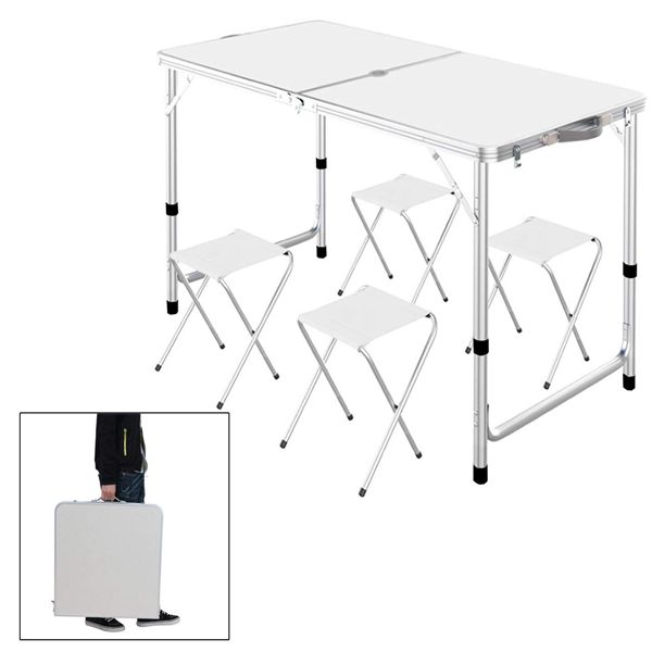 Racdde Outdoor Picnic Table, Portable Height Adjustable Aluminum Lightweight Camping Travel Party Dining Garden Desk Table with 4 Folding Stools & Umbrella Hole, Picnics, Camping Trips, Buffets or Barbecues 