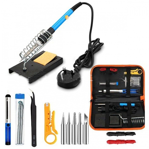 Racdde Adjustable 60W Electric Soldering Iron with 5pcs Tips, Tweezers, Cables Kit - Blue + Black